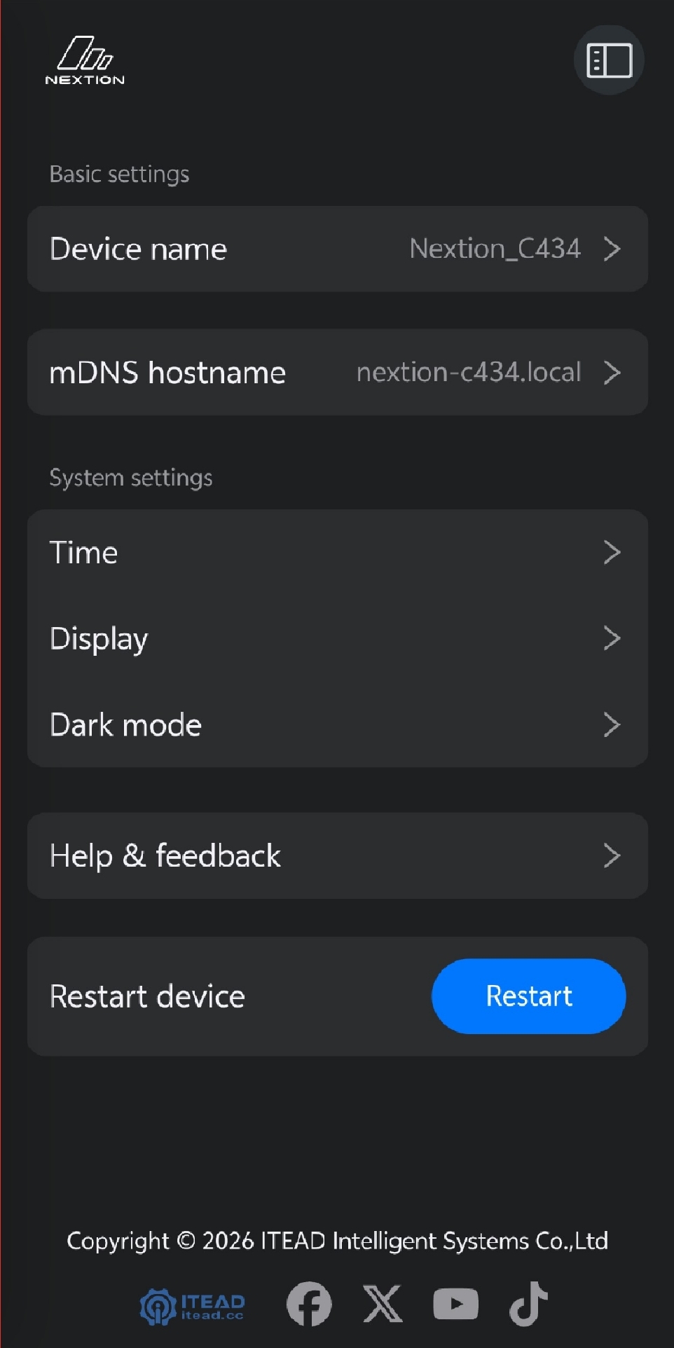 Mobile device settings page