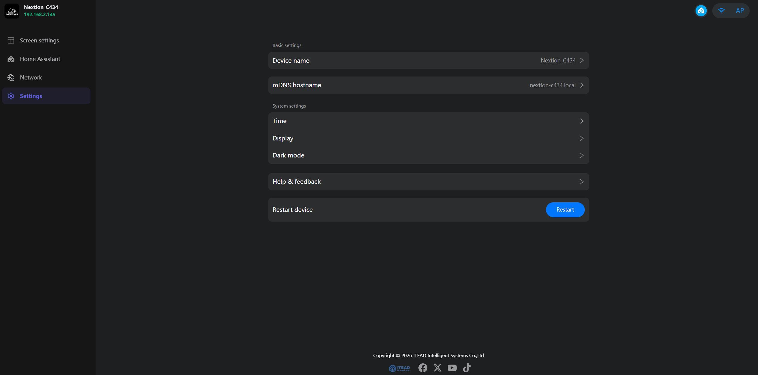 Desktop device settings page