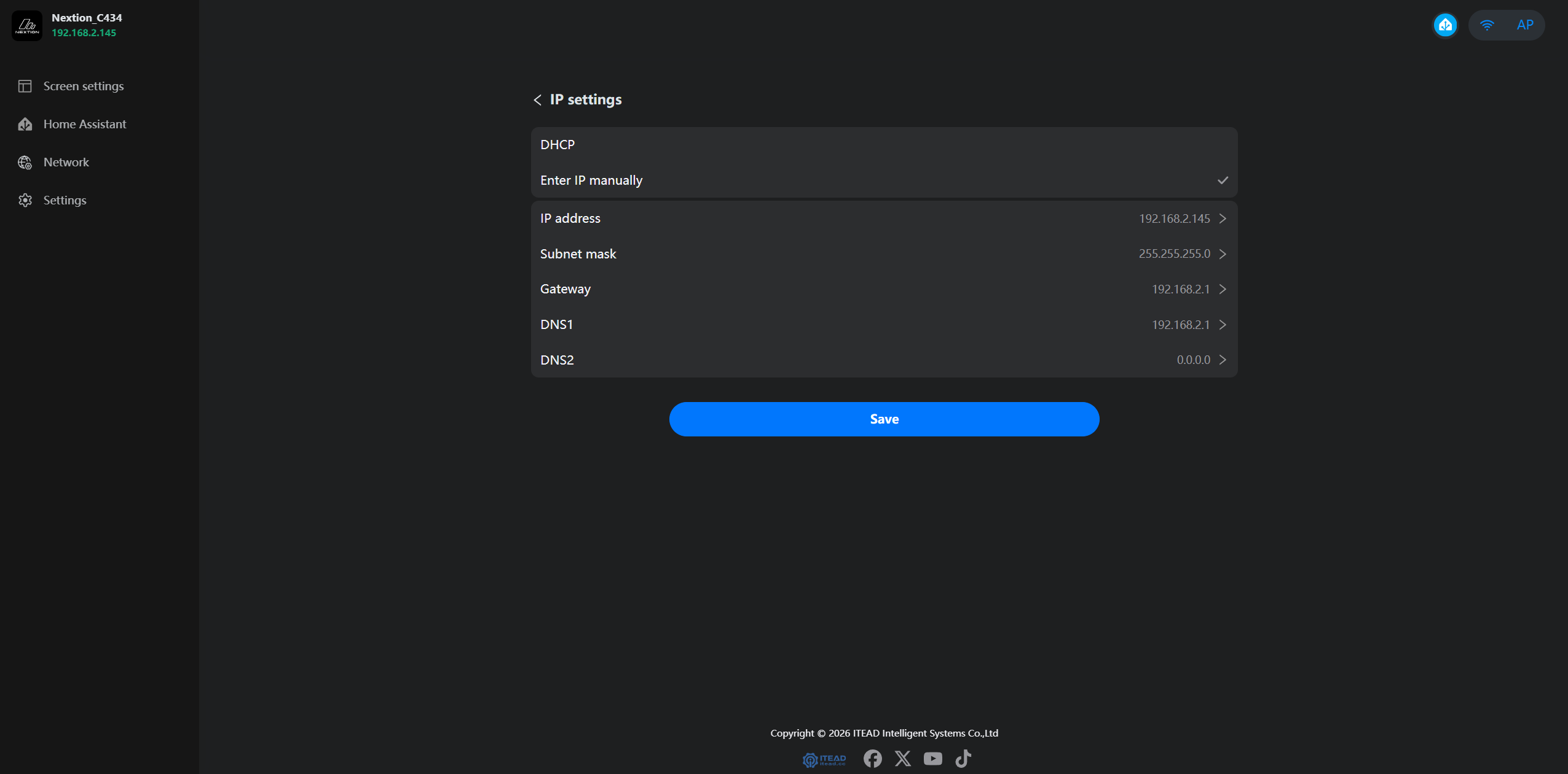 Desktop IP settings page